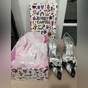 (NEW!) Jeffrey Campbell “Partyfavor” Silver Black Ribbon Heels | Size 8